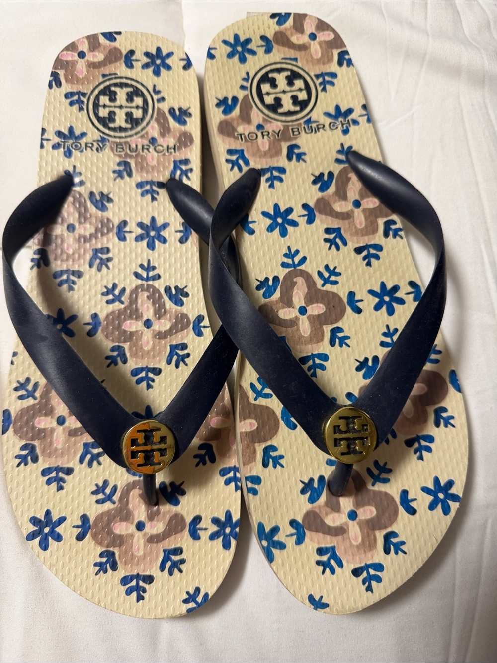 Tory Burch Navy and Cream Floral Logo Flip Flops